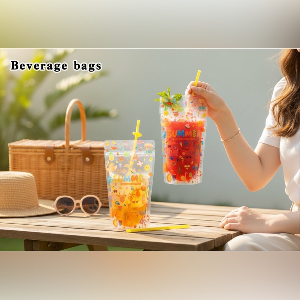 25 Disposable Plastic Beverage Pouches with Zipper Seal & Straws - Picture 6 of 6